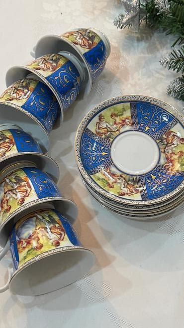 ag gilas murebbesi: Çay dəsti, rəng - Göy, Farfor, 6 nəfərlik, Fransa — 4