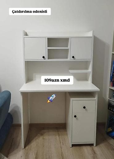 şırma: Ağ rəngdə funksional iş masası - Üst hissədə 2 qapalı dolab, ortada 2 — 1