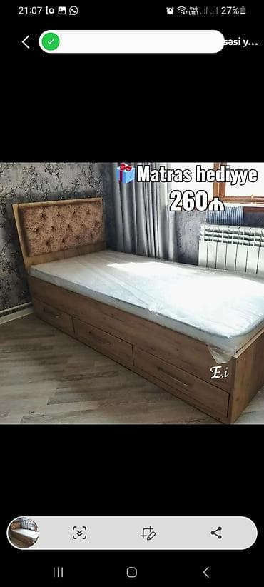 Çarpayılar: Tek nəfərlik taxta çarpayı – alt hissədə 3 geniş tortma ilə. Başlıq — 1