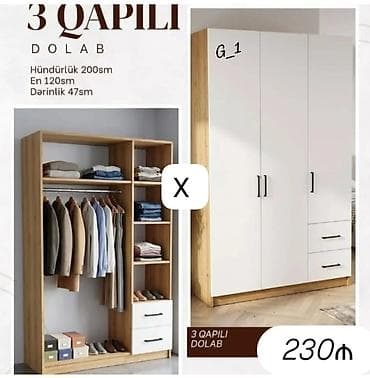 3 qapılı dolab. Ölçüləri: - Hündürlük: 200 sm - En: 120 sm -