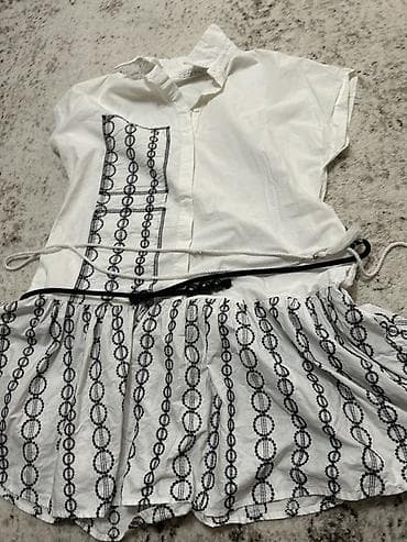 Ağ rəngli qadın tunik/köynək paltarı - Qısaqoll, yaxalıqlı, düyməli ön