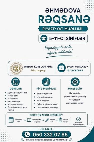Repetitor, Riyaziyyat, Azərbaycan dili, İmtahanlara hazırlıq, Abituriyent hazırlığı lalafo.az -da Repetitor, Riyaziyyat, Azərbaycan dili, İmtahanlara hazırlıq, Abituriyent hazırlığı