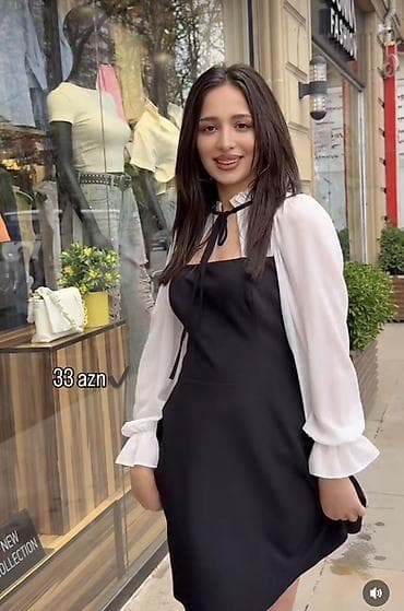 mini geyim: Zərif ikiqat effektli don - Rəng: qara don + ağ şifon qol və yaxa — 1