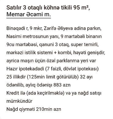 lalafo ev elanlari baki: Bakı, 3 otaqlı, Köhnə tikili, m. Memar Əcəmi, 95 kv. m — 2