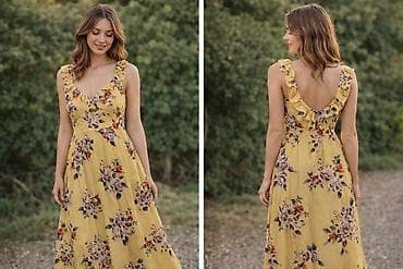 deri donlar: Sarı rəngli, çiçək naxışlı yay donu. - Model: uzun, A-kəsim siluet - — 1