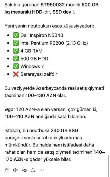 msi notebook: Dell Inspiron N5040 noutbuk. Əsas xüsusiyyətləri: - Prosessor: Intel — 4