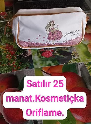 lipucka nece edilir: - Oriflame kosmetik çantası. Ağ rəngdə, çiçəkli dizayn, qəhvəyi — 1