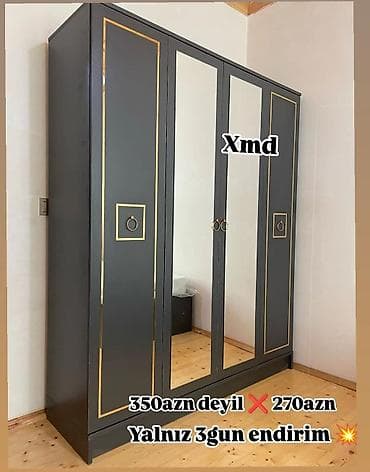 4 qapılı, Güzgülü, Boz, Digər material, Açılan, Düz dolab