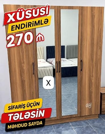 Üç qapılı paltar şkafı – güzgülü model - Material: ağac teksturalı