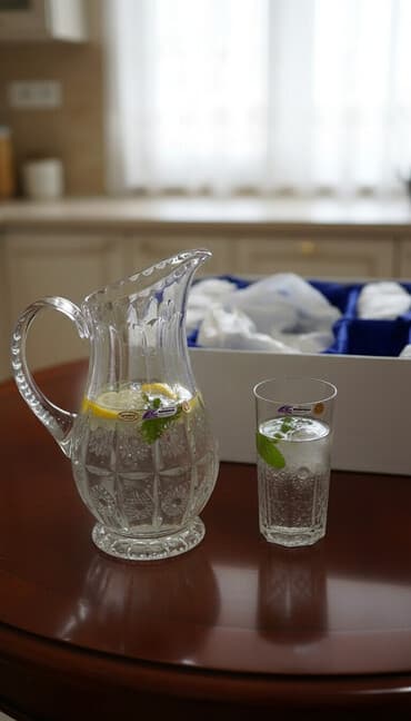 Kristal qrafin və stəkan dəsti - Material: şəffaf kristal şüşə - Dəst