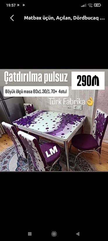 Mətbəx üçün, Açılan, Dördbucaq masa, 4 stul