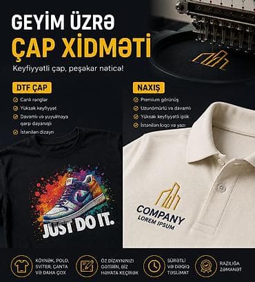 Reklam, çap: Geyim üzərinə peşəkar çap və naxış xidməti DTF çap və toxuma ilə — 1