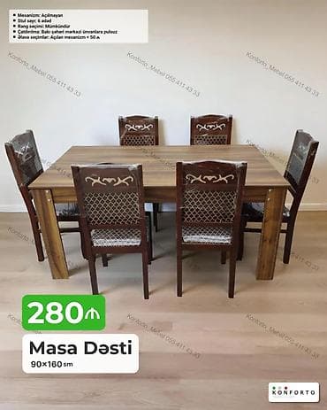 Masa Dəsti – 90×160 sm - Komplekt: 1 ədəd masa + 6 ədəd stul -