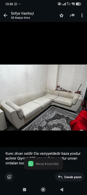 Kunc divan satilir Ela veziyyetdedir baza yoxdur acilmir Qiymet 220
