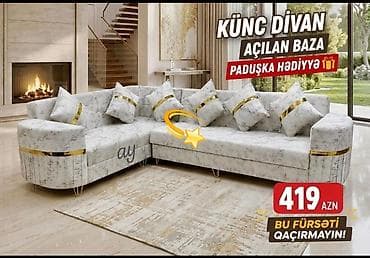televizor kreditle: Künc divan – açılan baza ilə - Şık, işıqlı boz rəngli parça üzlük — 1