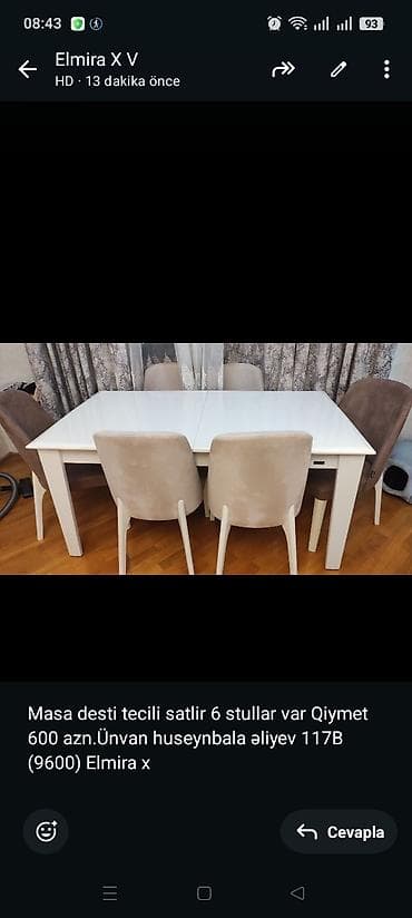 Masa desti tecili satlir 6 stullar var Qiymet 600 azn.Ünvan huseynbala