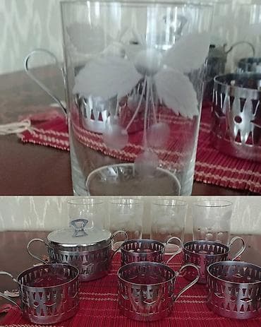 Çay dəsti, rəng - Gümüşü, Metal, 5 nəfərlik, SSRİ