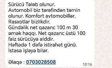 Taksi sürücüsü tələb olunur, Nəqliyyat təmin edilir, Gündəlik ödəniş lalafo.az -da Taksi sürücüsü tələb olunur, Nəqliyyat təmin edilir, Gündəlik ödəniş