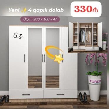 vitrin dolab: Yeni, Açılan, 4 qapılı Düz dolab, Qarderob, paltar dolabı — 1