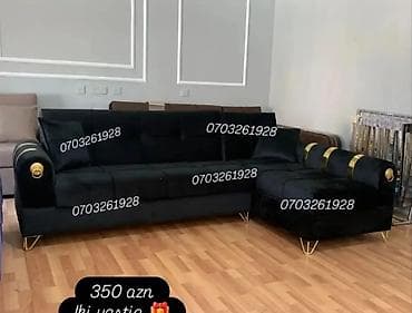 set mebel: 1.Qara rəngdə L formalı yumşaq divan dəsti - Parlaq qara məxmər tipli — 1