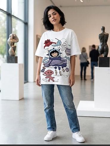 Ağ rəngli qrafik printli t-shirt - Rəng: ağ pambig - Ön hissədə — 1