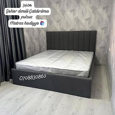 Müasir dizaynlı iki nəfərlik çarpayı dəsti. Model tünd boz rəngdədir