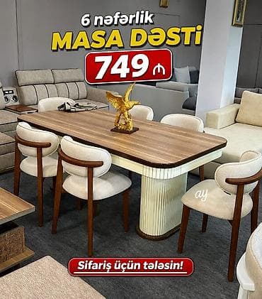 bağ stol stul: 6 nəfərlik masa dəsti - Komplekt: 1 ədəd düzbucaqlı yemək masası + 6 — 1