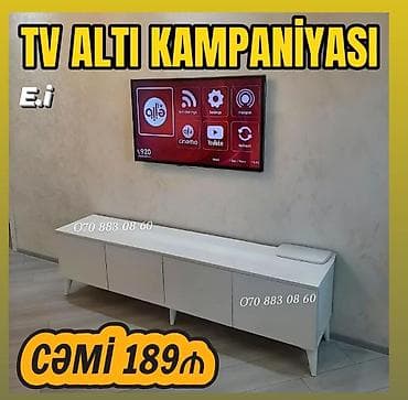 TV altı dolab – sadə və müasir dizaynlı model. Ağ rəngdə hazırlanıb