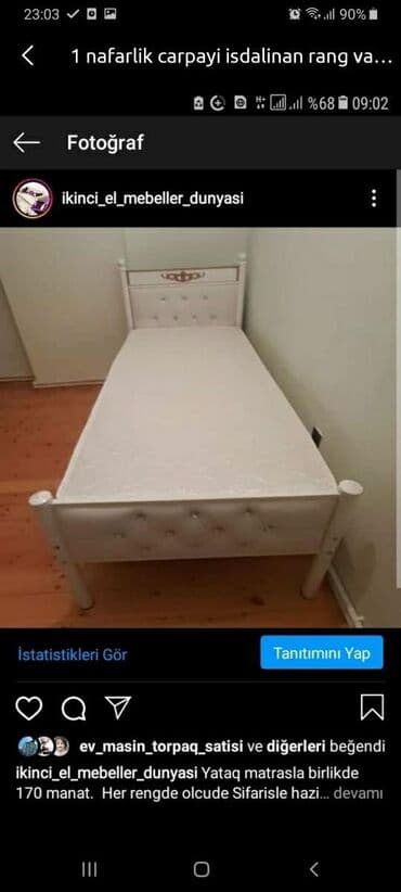 Çarpayılar: Yeni, Təknəfərlik çarpayı, Bazasız, Matras ilə, Siyirməsiz, Azərbaycan — 3