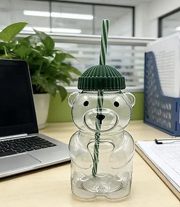 Məhsul: Ayıcıq formalı içki qabı və pipet - Şəffaf, ayıcıq dizaynlı