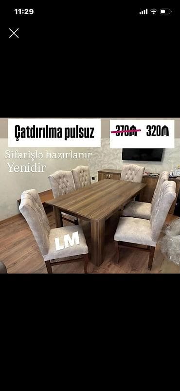 Yemək otağı dəsti – masa və 6 ədəd stul - Material: taxta görünümlü