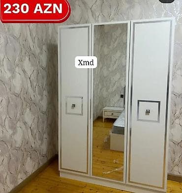 3 qapılı, Güzgülü, Ağ, Taxta, Açılan, Düz dolab