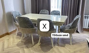ag masa: Yemək otağı dəsti – 1 masa + 6 stul - Masa: düzbucaqlı forma, açıq — 1