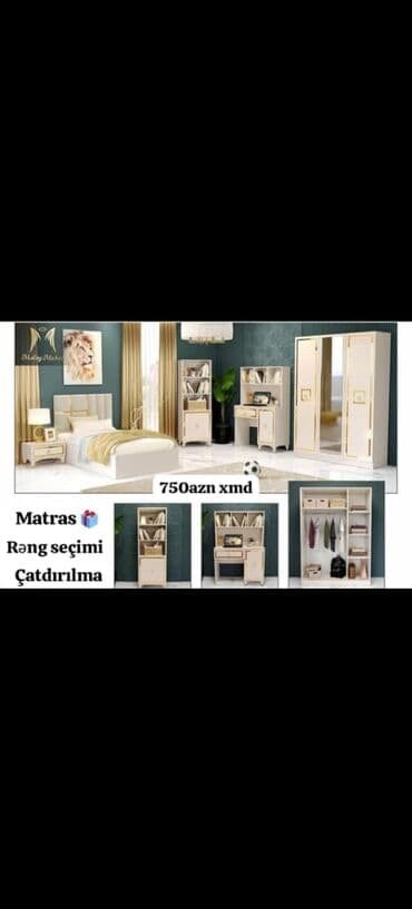 yazı masa: Ağ rəngli yataq dəsti, dörd qapılı dolab, yazı masası, çarpayı və tək — 4