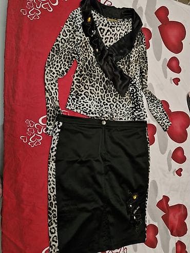 Qadın geyim dəsti – leopar printli bluz və qara ətək - Dəst: 2 parça — 3