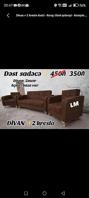 Divan, 2 kreslo, Bazalı, Açılan