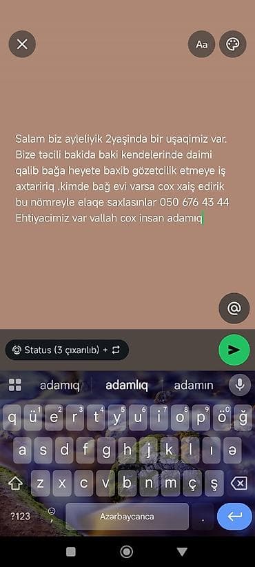 Ev personalı və təmizlik: Bağ evi/heyət üçün daimi baxıcı–gözətçi xidməti. Ailəvi şəkildə — 1