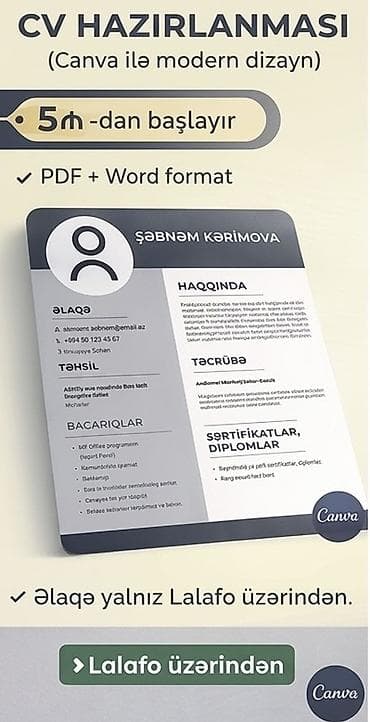evdə paketləmə isi: Xidmət: CV hazırlanması (Canva ilə modern dizayn) Təsvir: - Peşəkar — 1