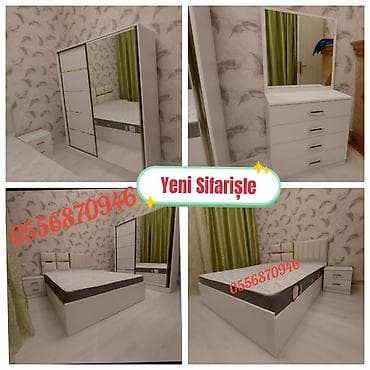 Ağ rəngli, müasir üslubda yataq dəsti, yataq, komod və güzgü, iki