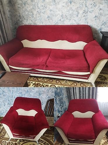 Qırmızı-krem rəng palitrasında yumşaq mebel dəsti: 1 divan + 2 kreslo
