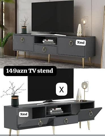 tibbi ref: TV stend – 149 AZN - Rəng: tünd boz (mat) - Dizayn: minimal, qızılı — 1