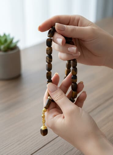 elektron təsbeh: Təbii “pələng gözü” daşlarından hazırlanmış təsbeh. - Daş: Pələng — 2