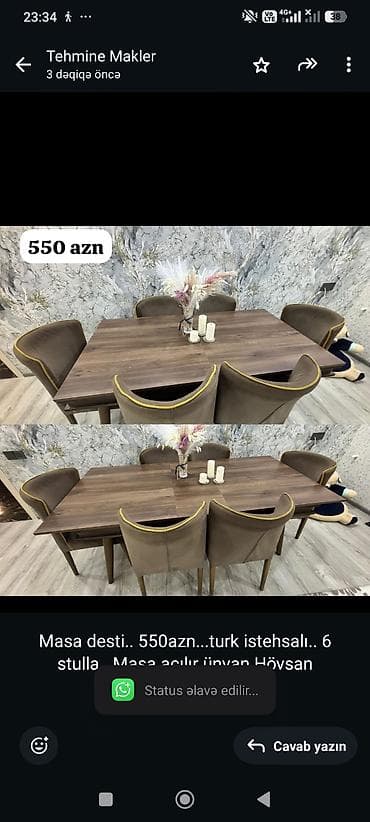 bag stol stul: Masa desti. 550azn. turk istehsalı. 6 stulla. Masa acılır ünvan — 1