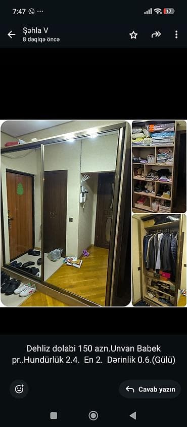 Ev üçün mebel: Dəhliz dolabı – sürüşgü qapılı, iri güzgülü model. Ölçülər: hündürlük — 1