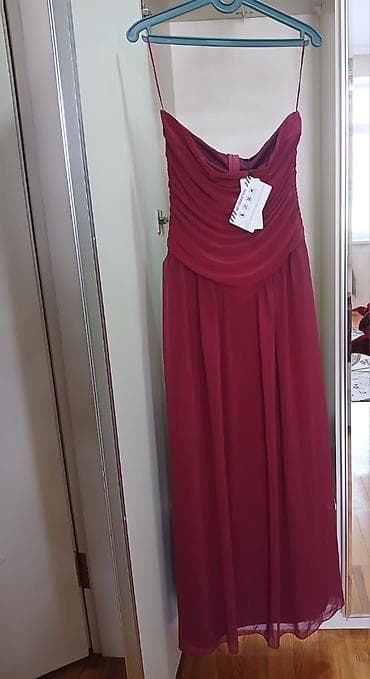 uzun corab: Qırmızı-bordo rəngdə uzun ziyafət paltarı - Model: Spagetti askılı — 1