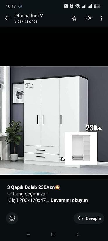 *3 Qapılı Dolab 230Azn💥* ✔️Rəng seçimi var Ölçü 200x120x47 ✔️ *Şəhər lalafo.az -da *3 Qapılı Dolab 230Azn💥* ✔️Rəng seçimi var Ölçü 200x120x47 ✔️ *Şəhər