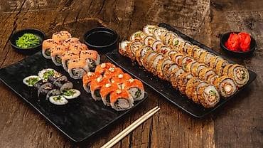 soya wax: Sushi və roll assortisi – böyük taxta ləvədə müxtəlif növdə dəst - — 2