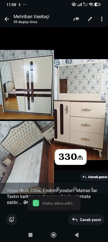 Yataq desti 330₼. Endirim yoxdurr. Matras var. Taxtın karkası yoxdur — 1