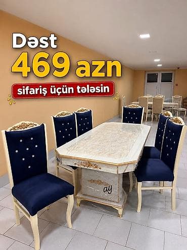 mini stol: Yemək otağı dəsti – 6 stul + düzbucaq masa - Klassik üslubda dizayn — 1