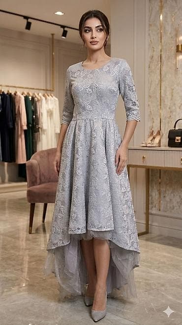 stapel parcalar: Gümüşü-boz rəngdə zərif ziyafət donu - Model: Asimmetrik ətəkli — 1